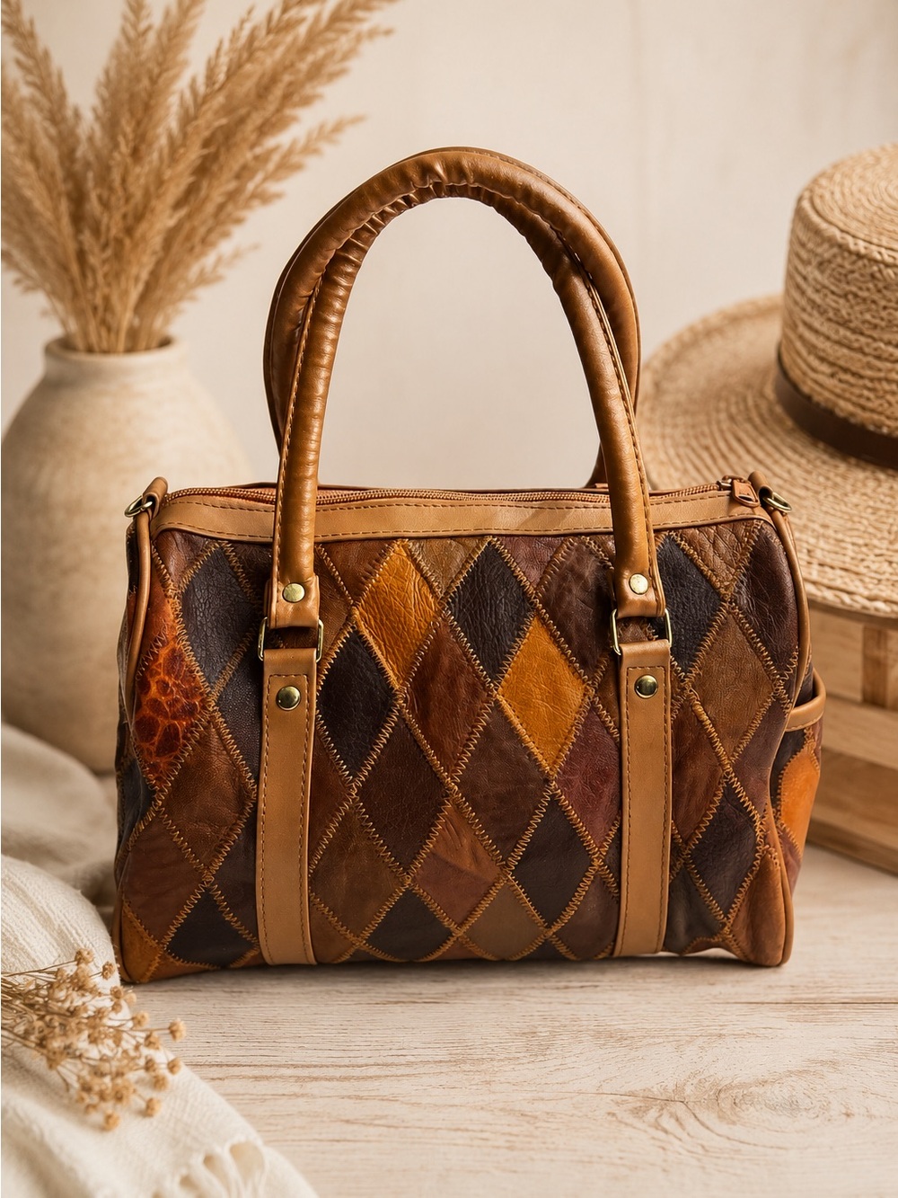 VTG Genuine Leather Patchwork Satchel  Brown Multi-Tone Zip Top Western Purse
